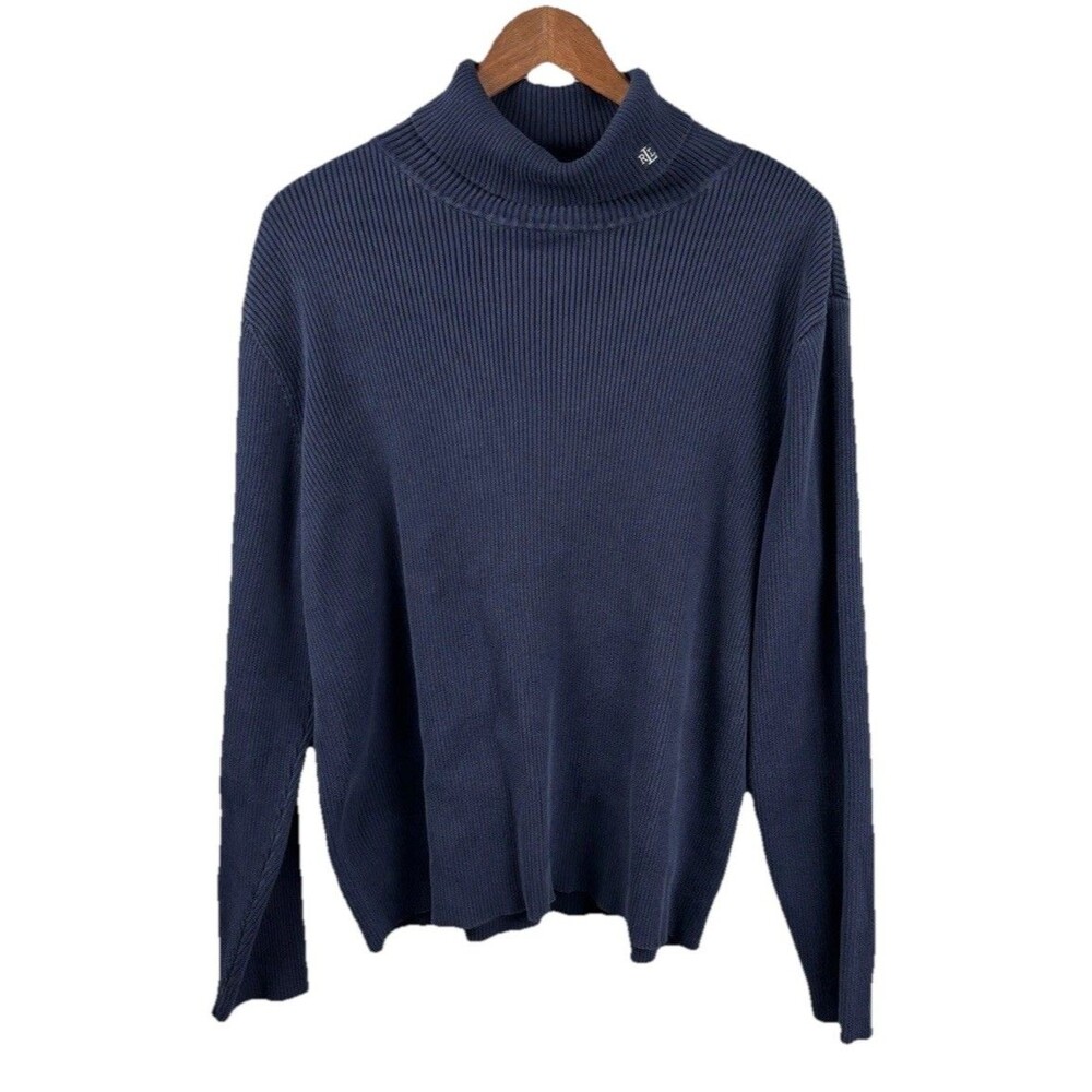 Vintage Ralph Lauren Turtleneck Womens 3X Navy Blue Ribbed Logo Preppy Academia
